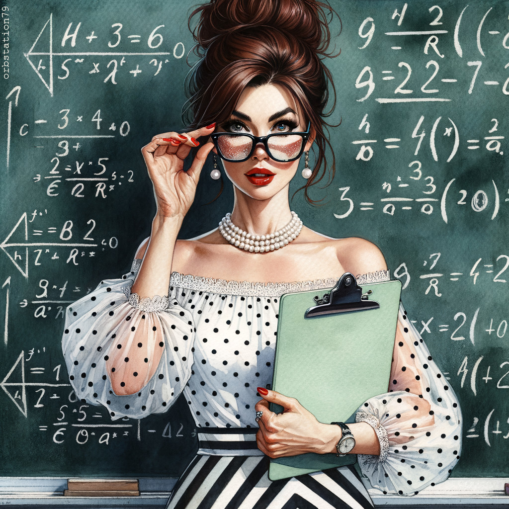 Chic Woman in Polka Dot Dress by Math Chalkboard