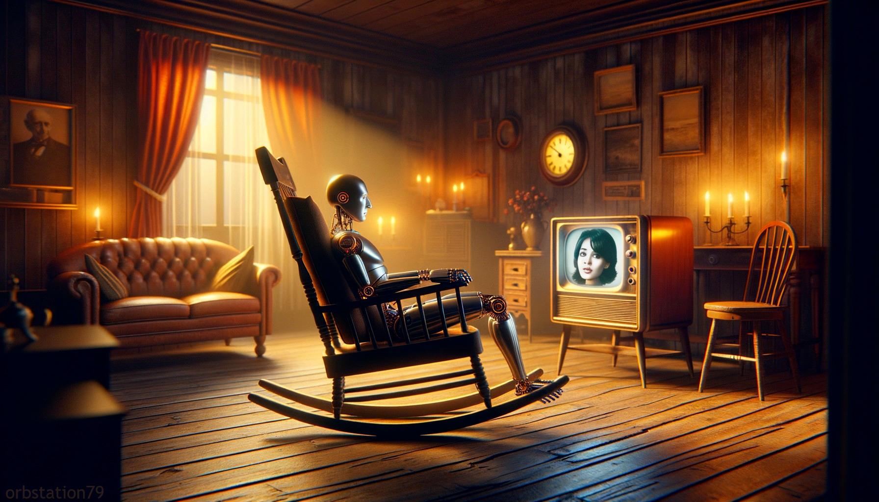 Vintage-style room with robot on rocking chair watching woman on old TV, cozy atmosphere.