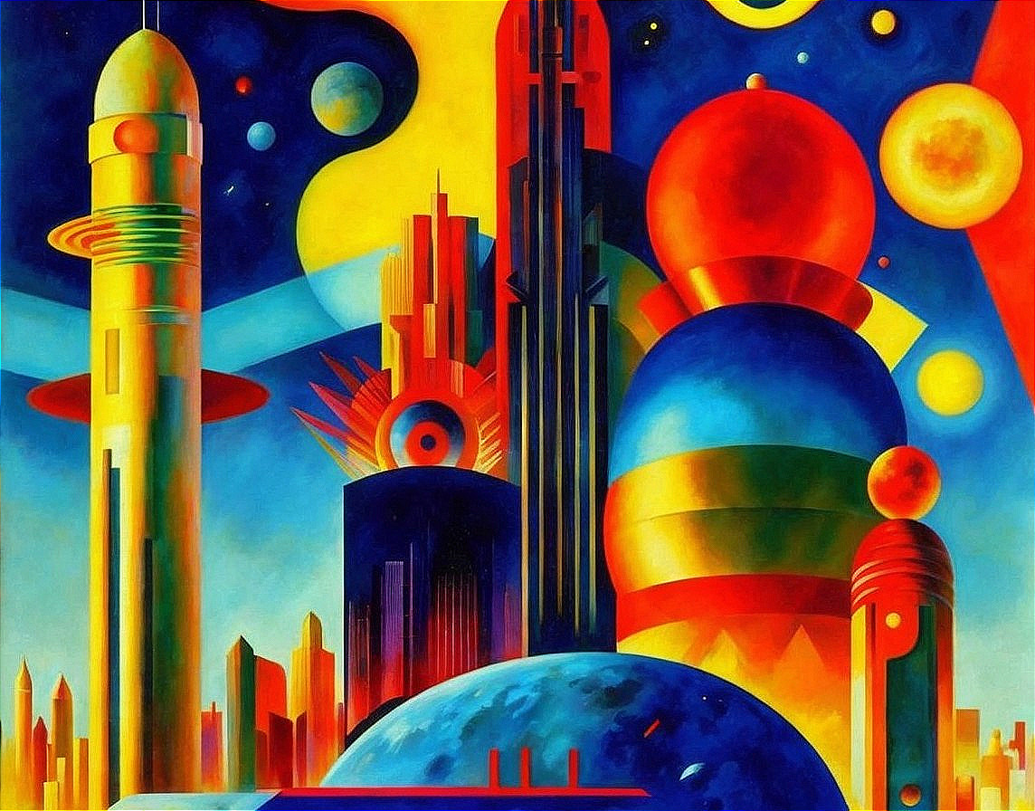 Futuristic city painting with skyscrapers, rocket, and celestial bodies