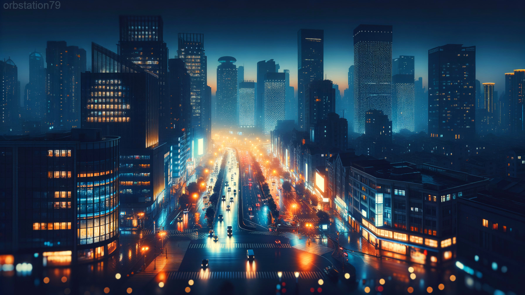 Twilight Cityscape with Skyscrapers and Streetlights