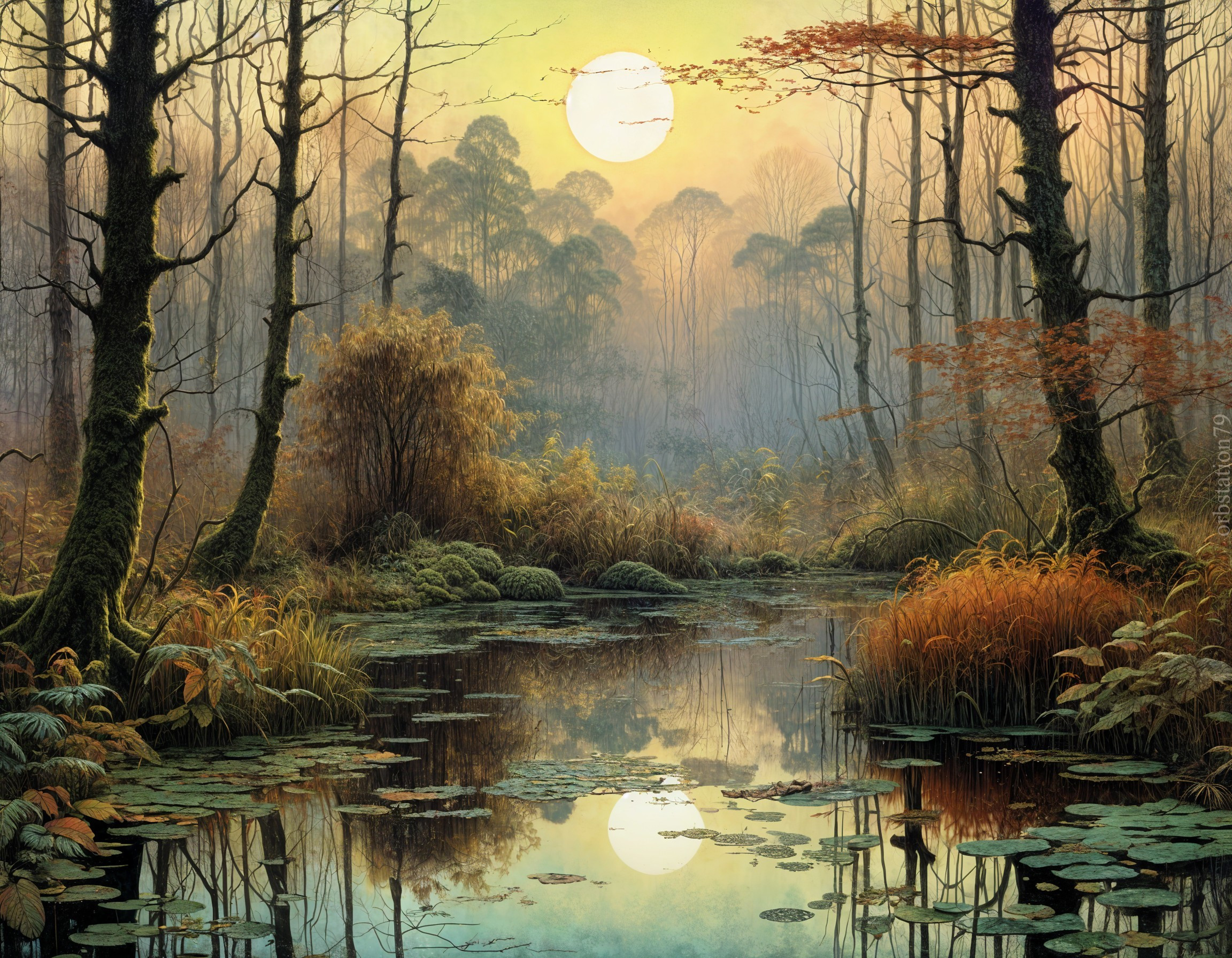 Serene Forest Scene at Dawn with Misty Treetops