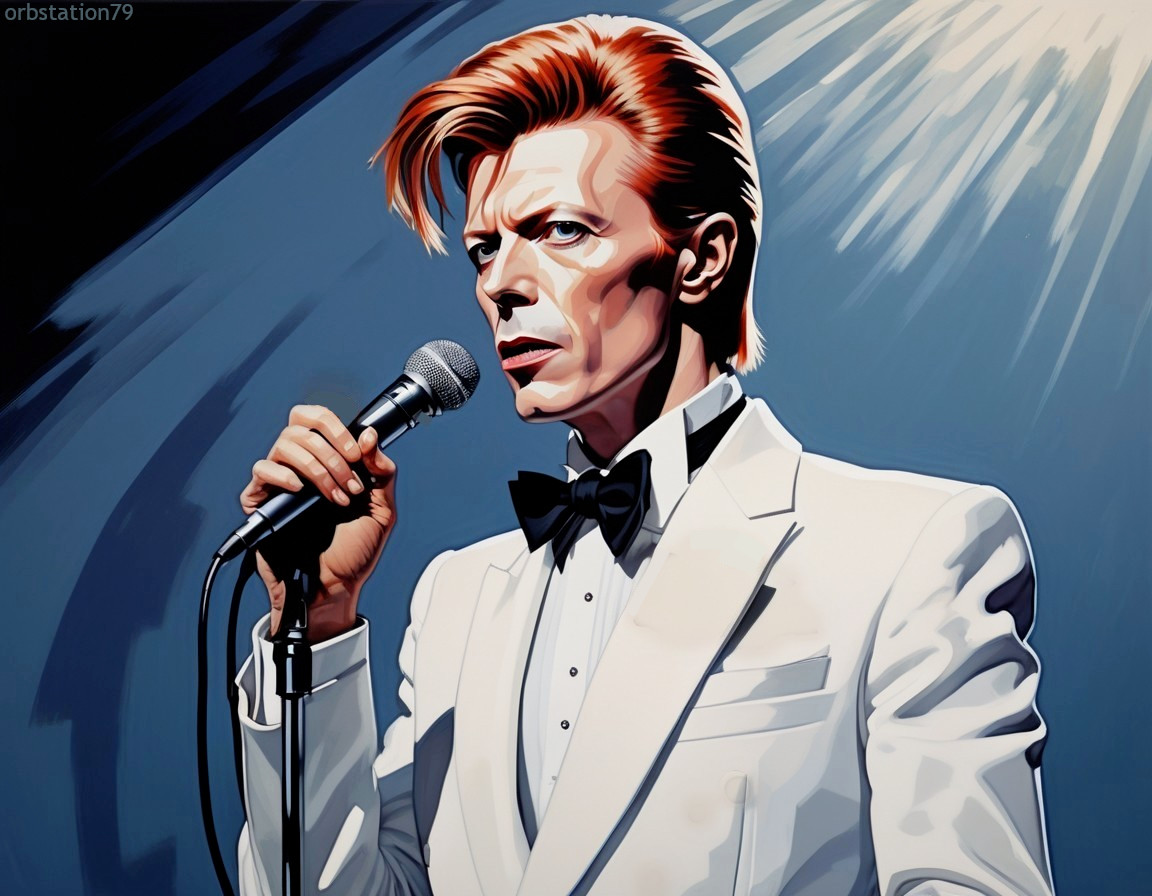 Stylized Illustration of Male Singer in White Suit