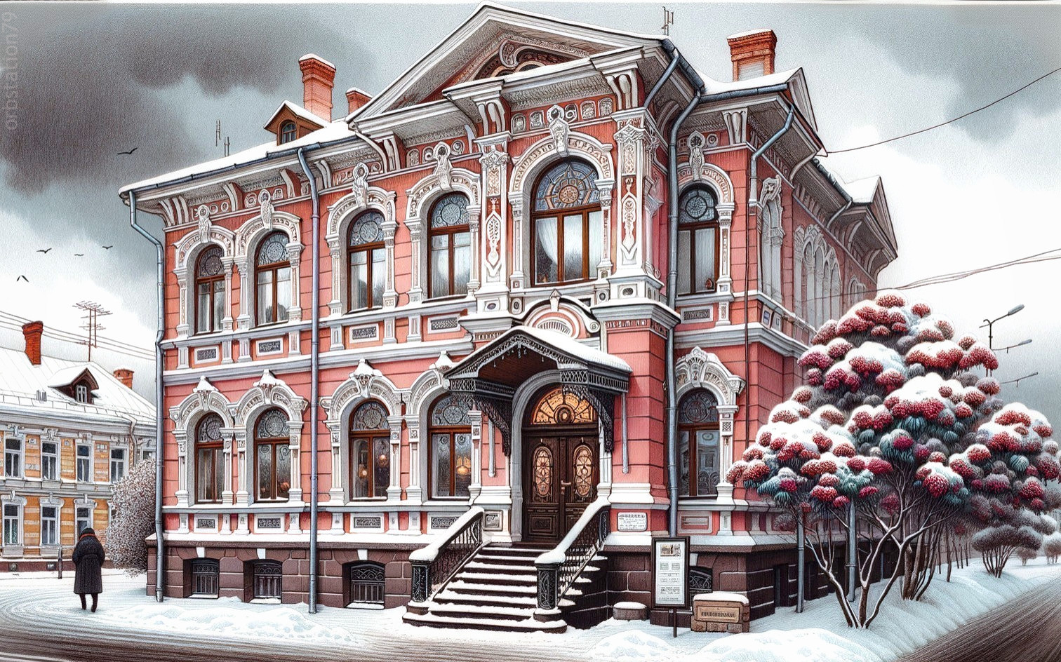 Ornate building with intricate facade in winter scene