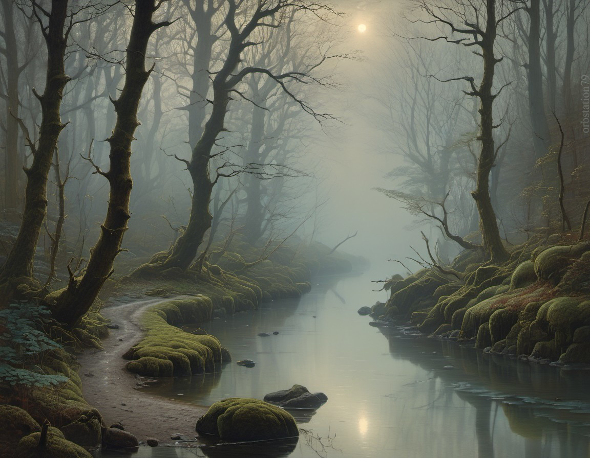 Misty Forest Scene with River at Dawn