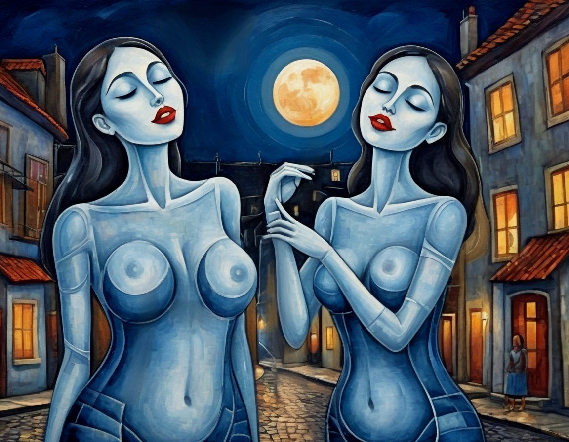 Pale Blue Figures Under Moonlight in Dreamlike Scene