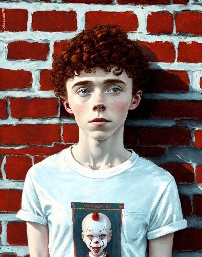 Curly Red-Haired Person in Graphic Print White T-shirt by Red Brick Wall