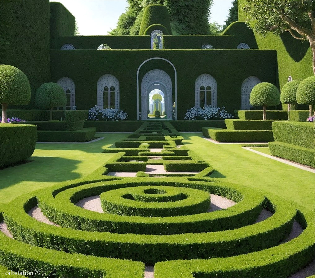 Symmetrical hedge mazes and topiary in ornate garden design