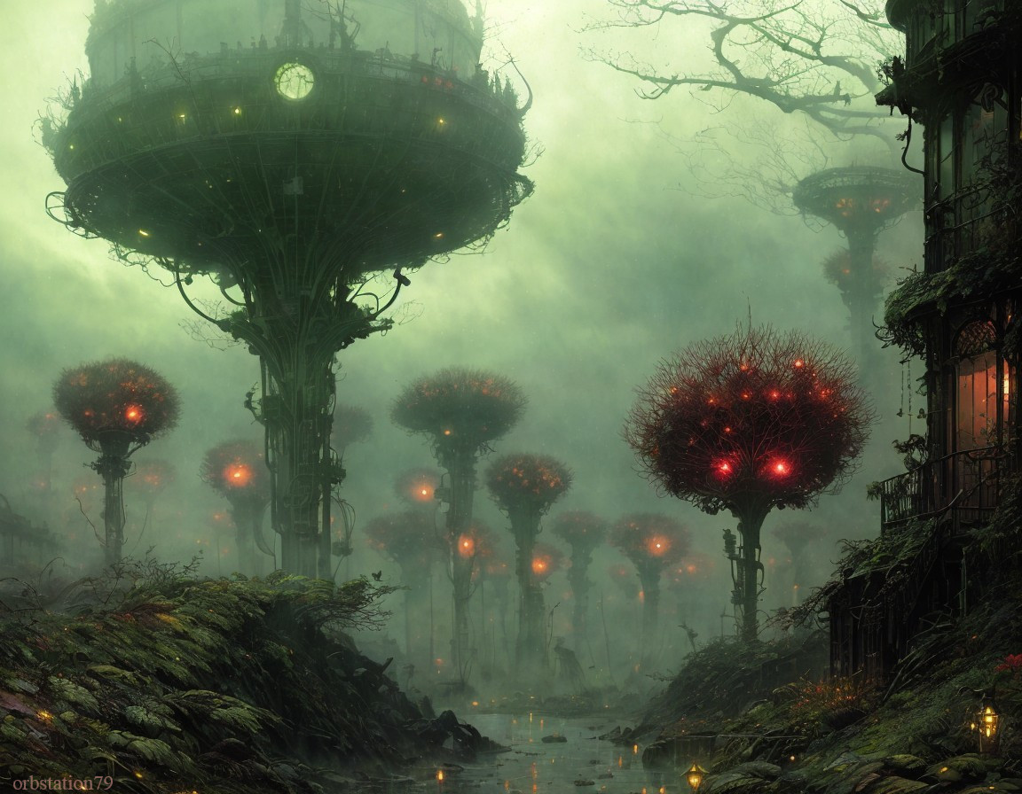 Enchanting forest with towering trees, red orbs, and foggy ambiance