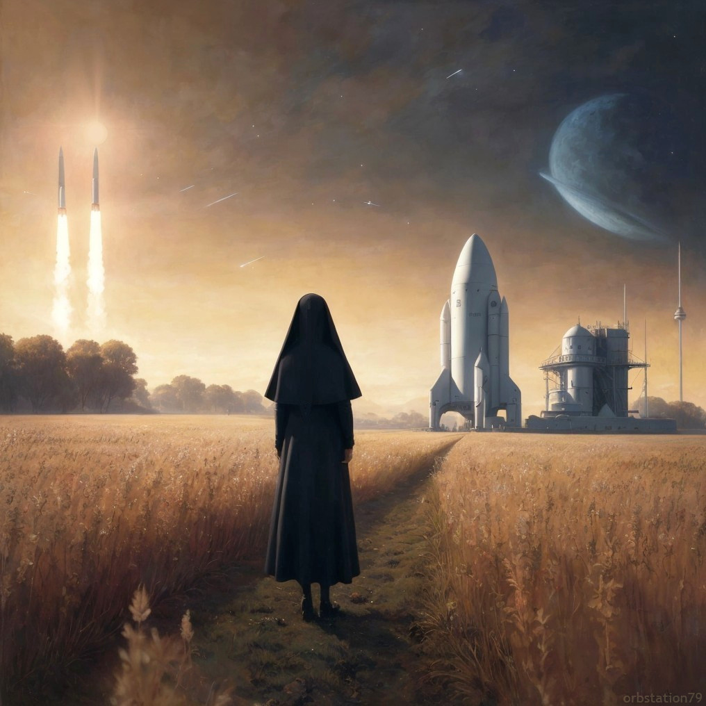 Person in cloak watches rockets and space shuttle in wheat field.