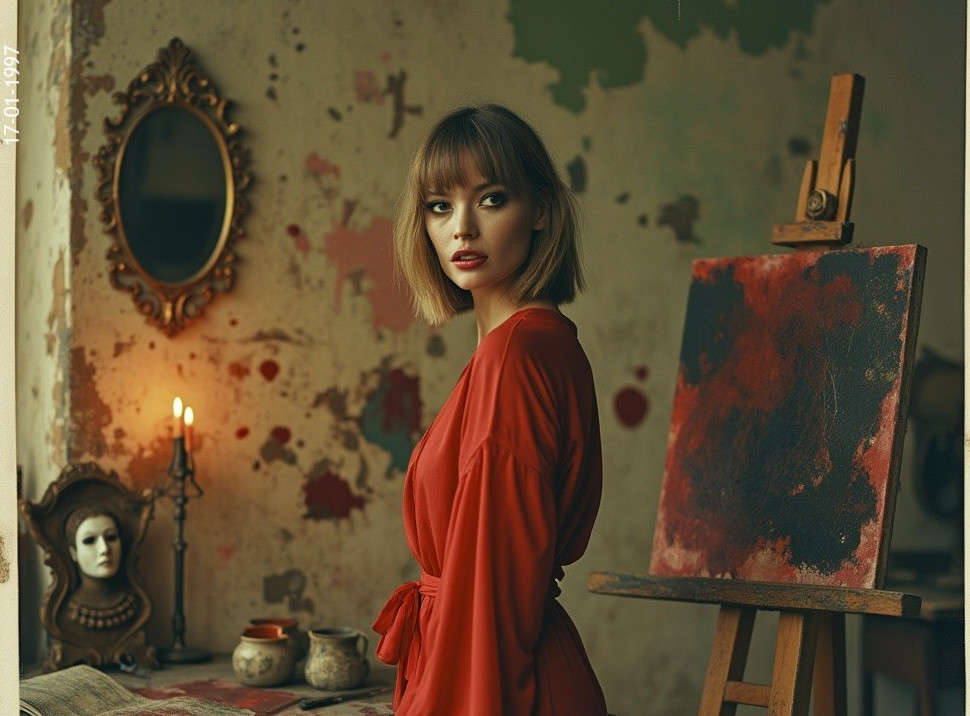 Young Woman in Red Dress in Artist's Studio Setting