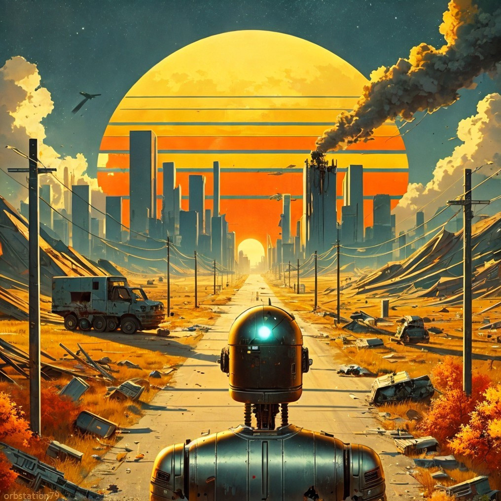 Robot Observing Dystopian Cityscape Under Yellow Sun
