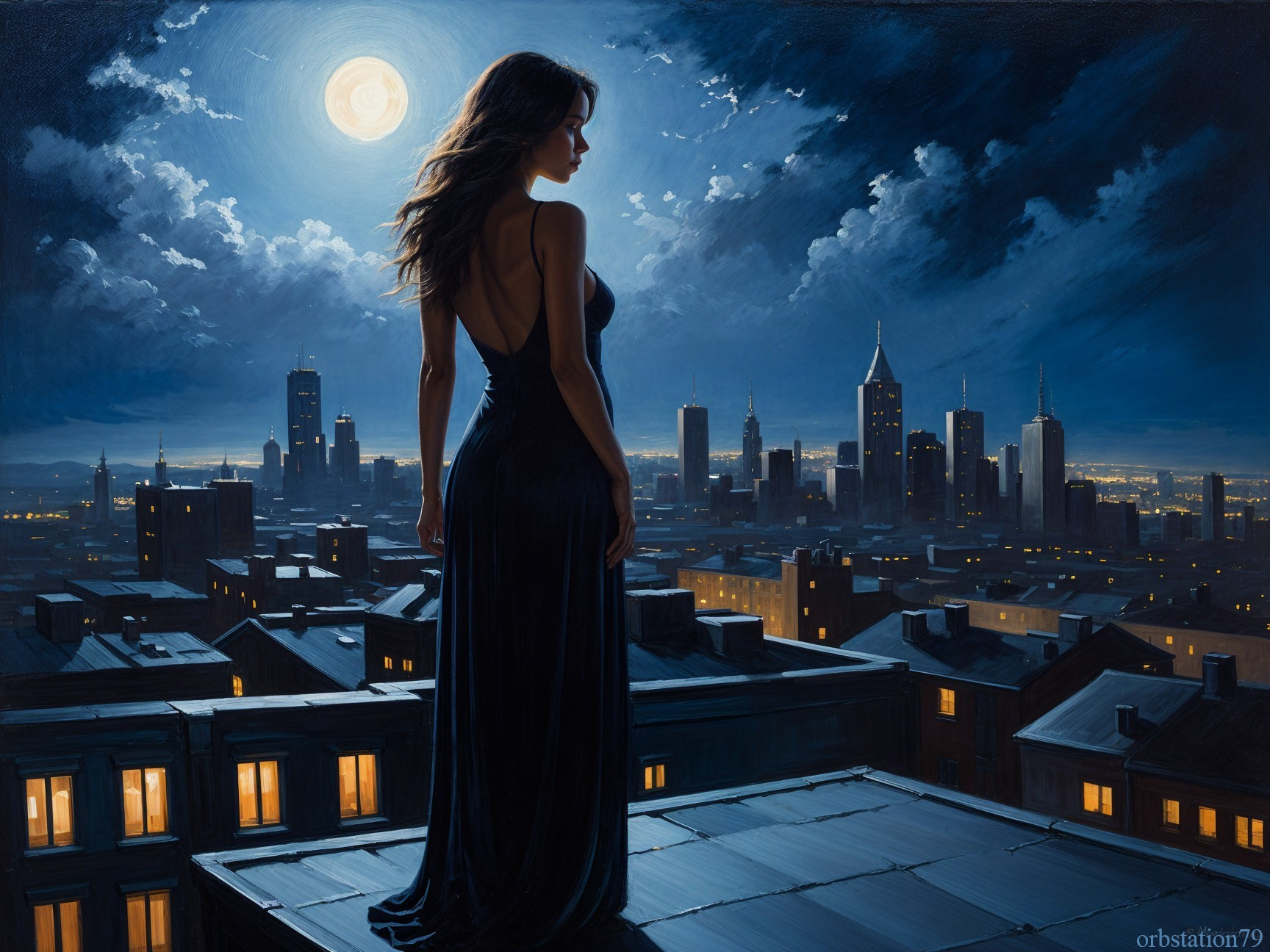 Woman in Black Dress Overlooking City at Night