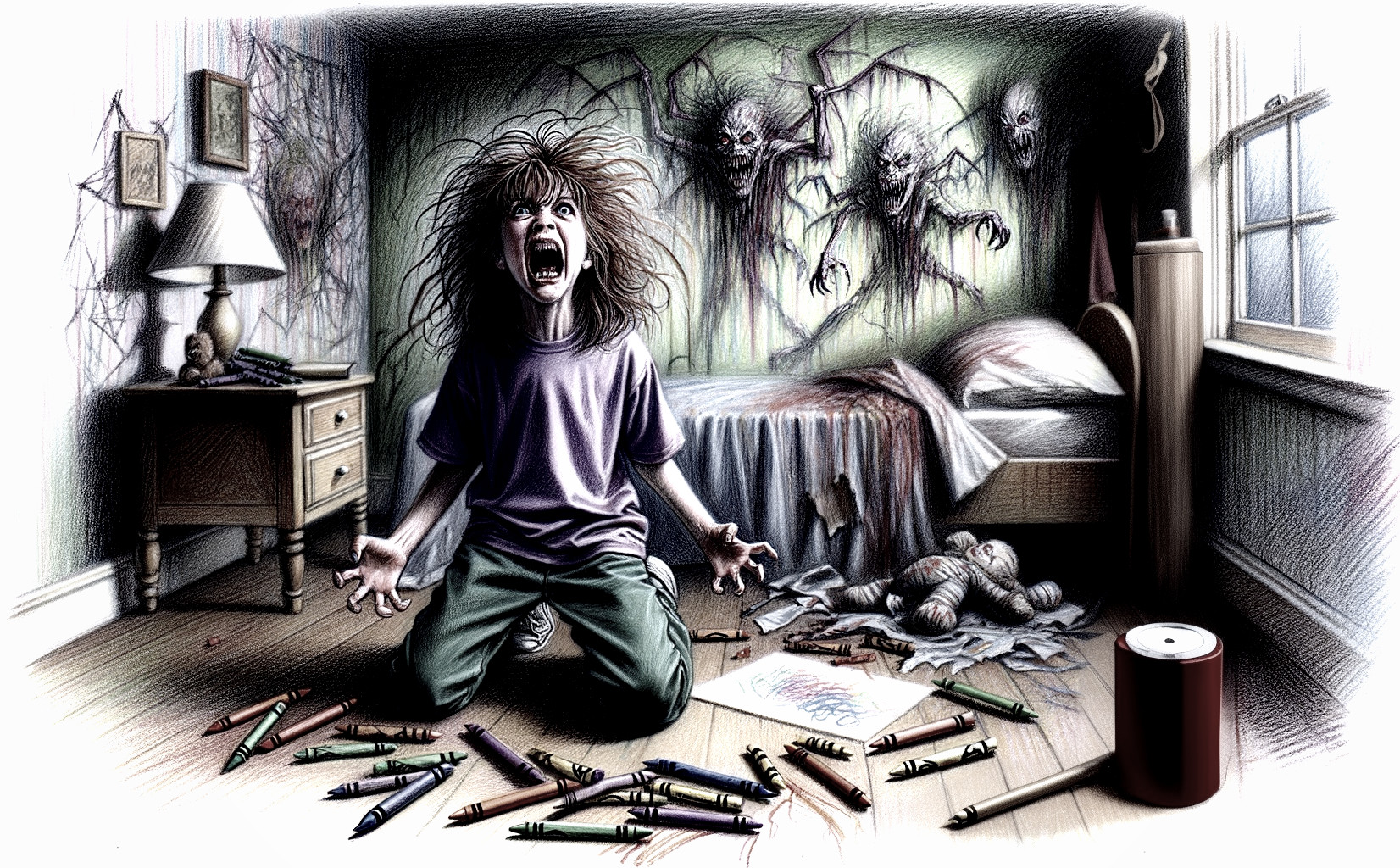 Frightened Child in Chaotic Room with Eerie Atmosphere