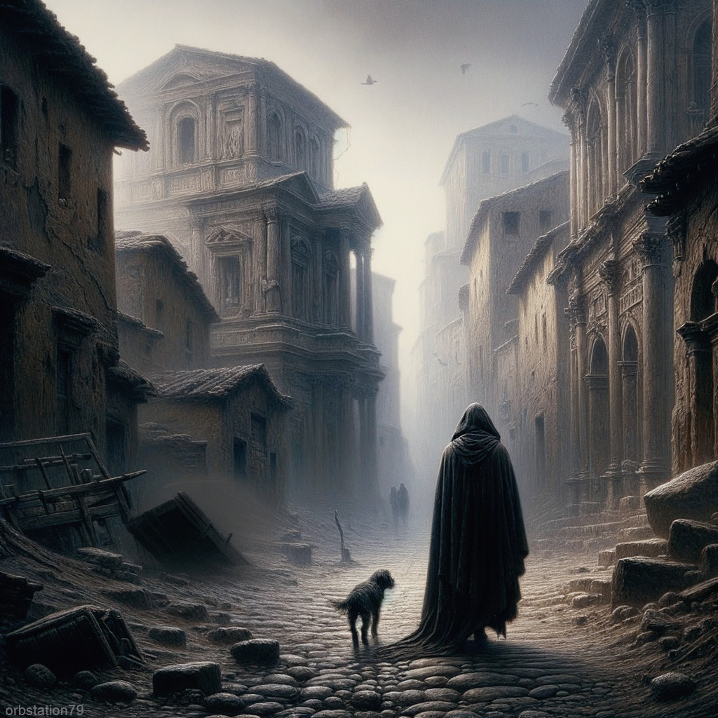 Misty Street in Ancient Town with Cloaked Figure and Dog