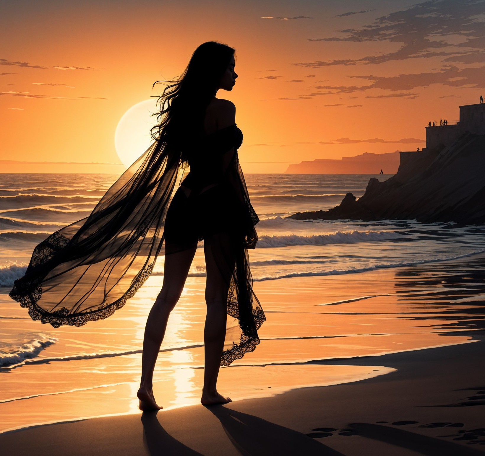 Silhouetted Woman on Beach at Sunset with Waves