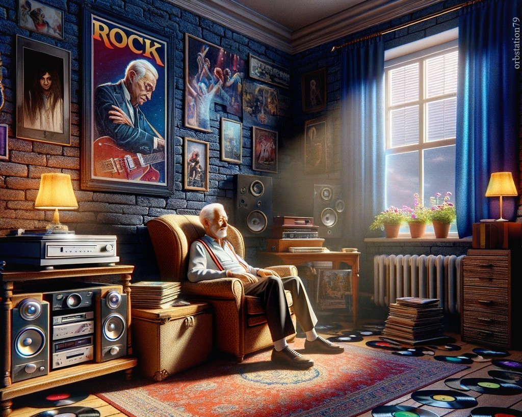 Elderly Man in Cozy Room with Vintage Rock Memorabilia