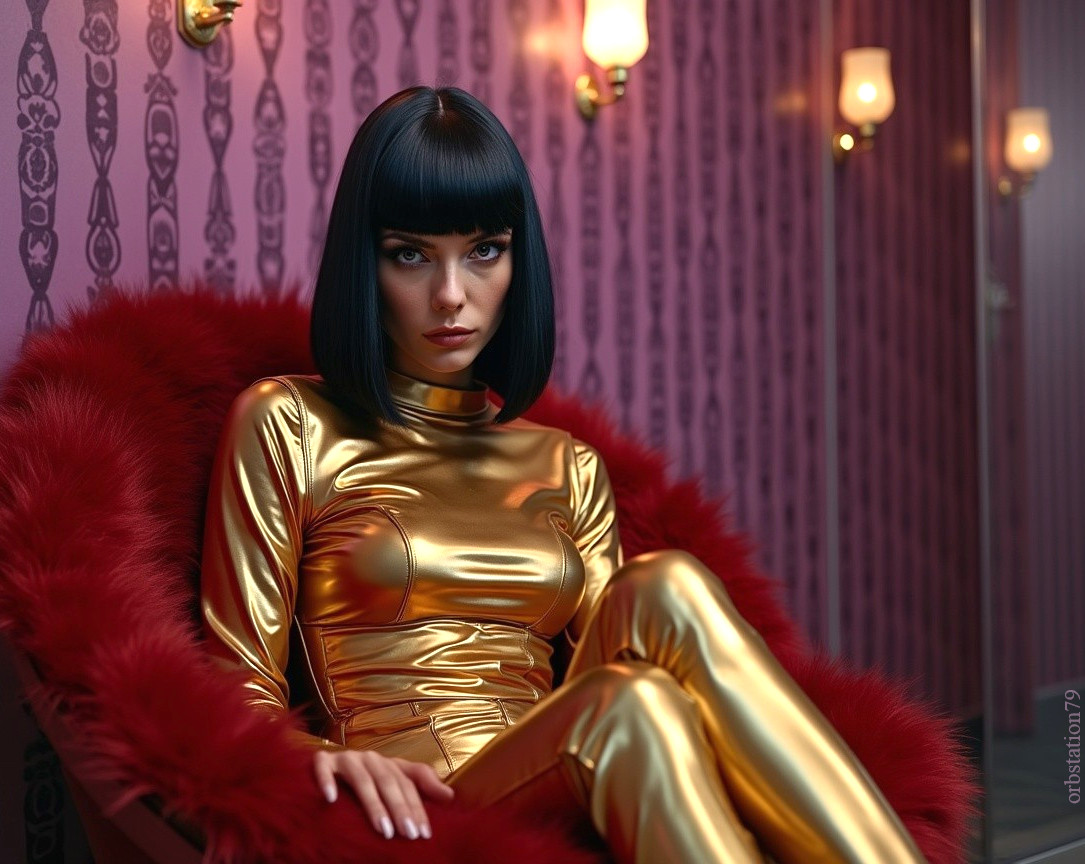 Stylish Individual in Metallic Jumpsuit and Red Chair