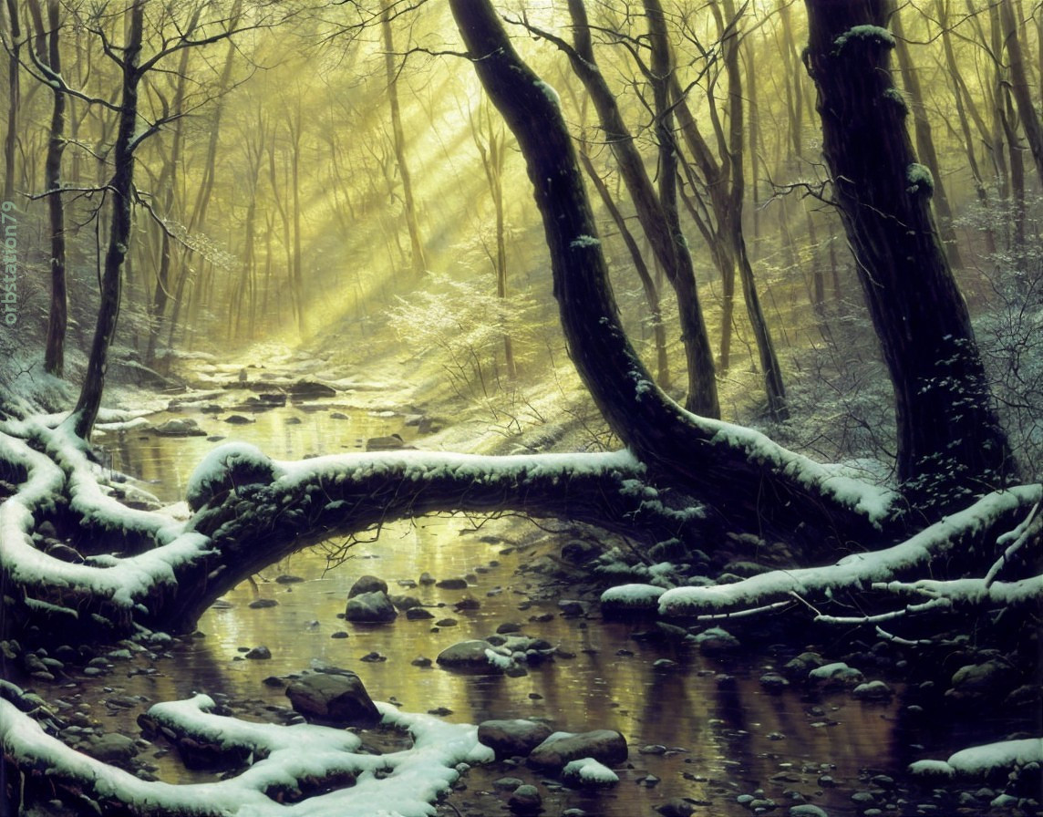 Serene Winter Landscape with Stream and Bare Trees