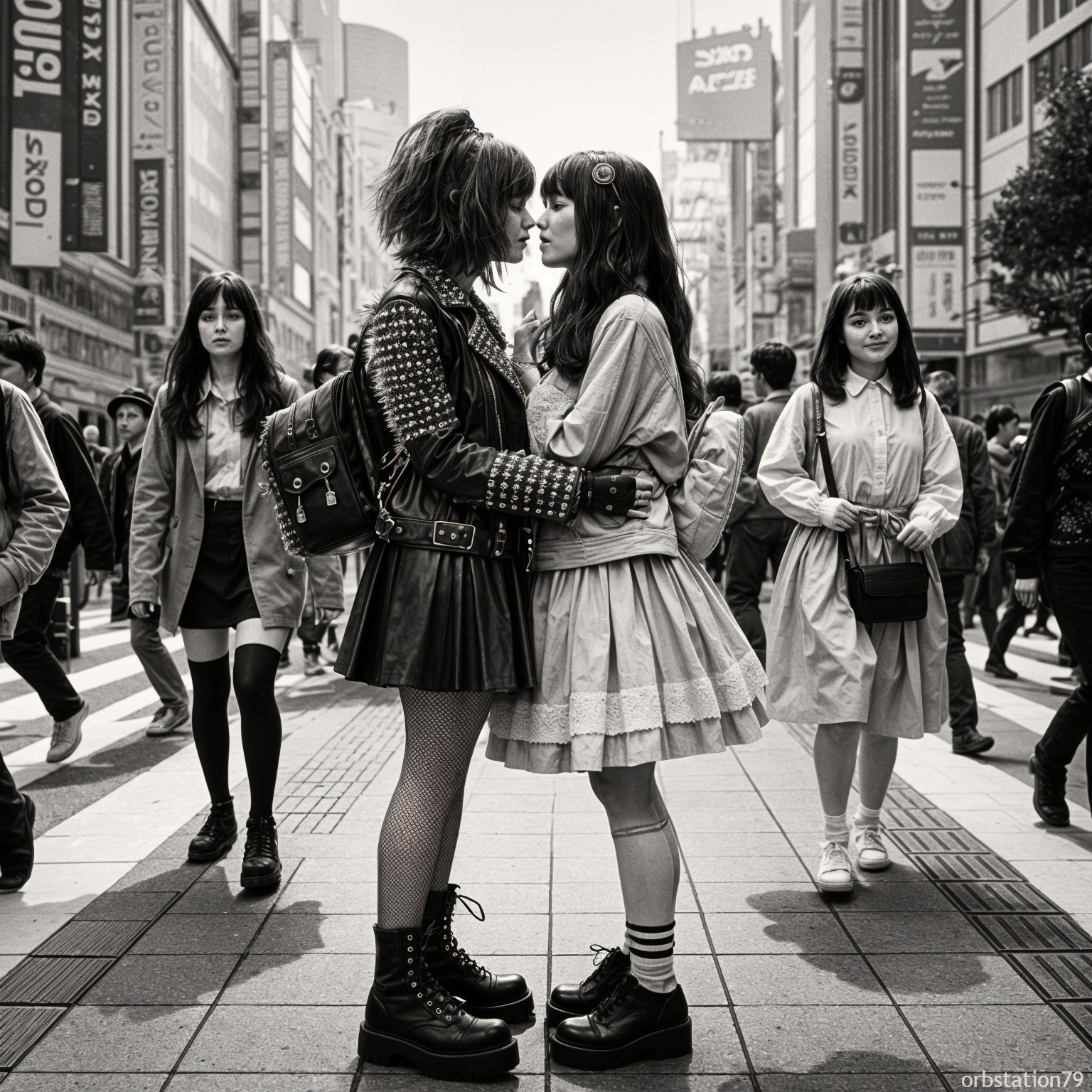 Urban Crosswalk with Diverse Fashion Styles and Moments
