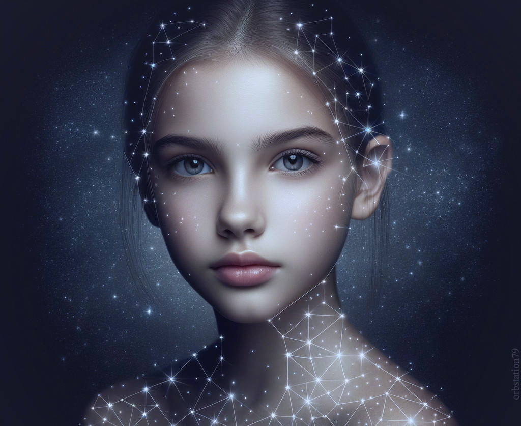 Digital portrait of young woman with starry overlay on cosmic backdrop