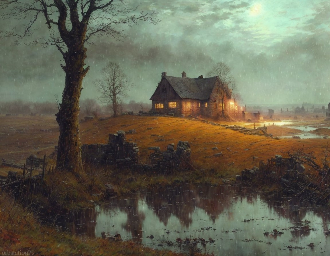 Tranquil Cottage Landscape with Misty Skies and Rain