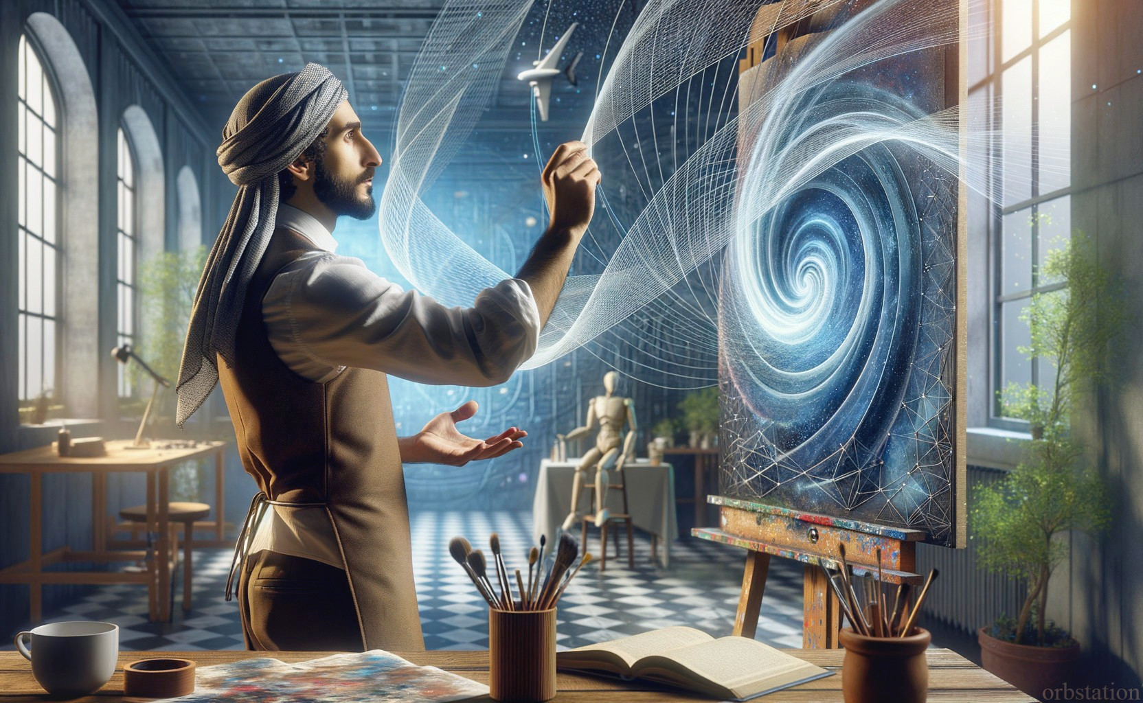 Traditional Attire Artist Painting Cosmic Spiral in Studio