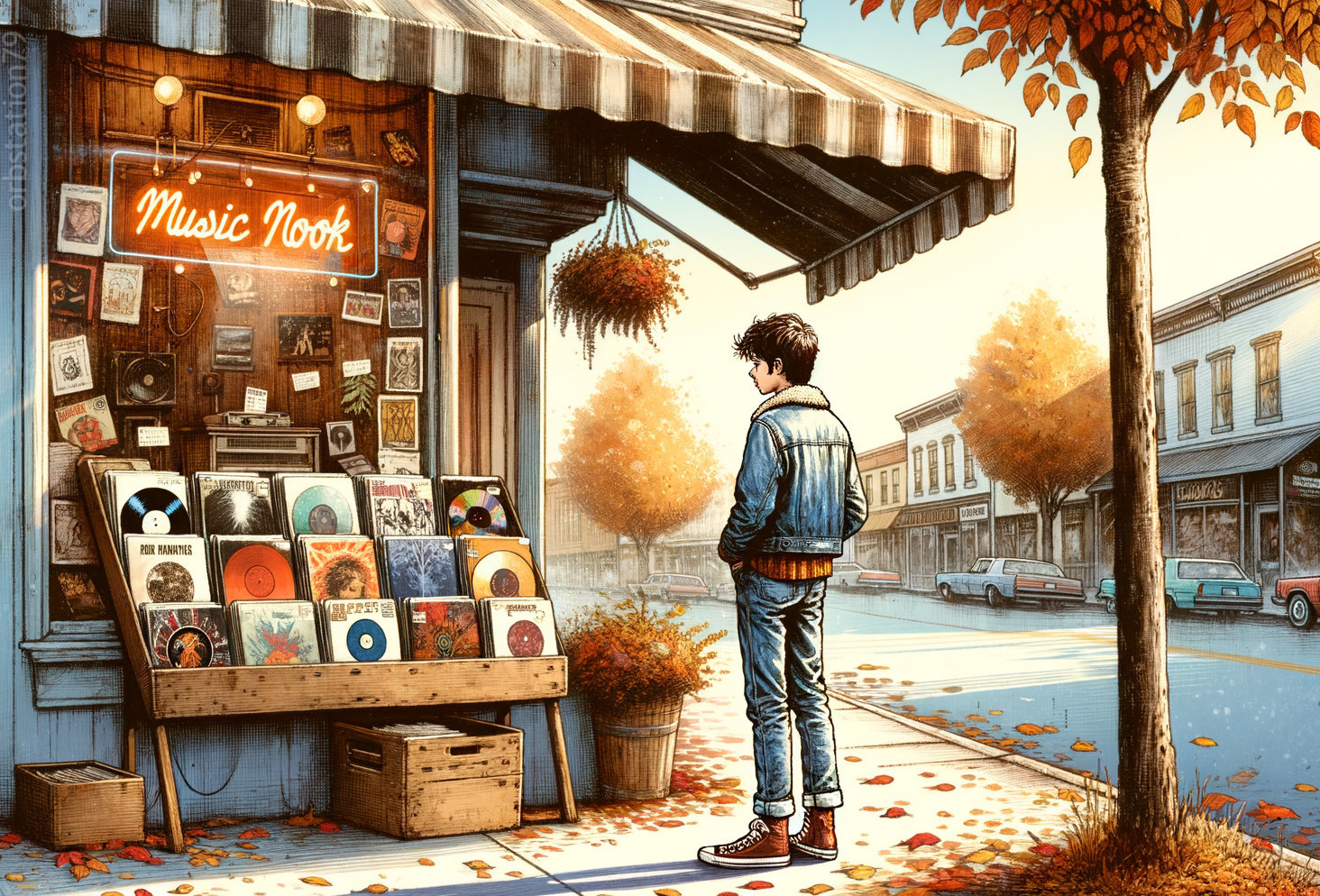 Young man outside music shop with vinyl records display