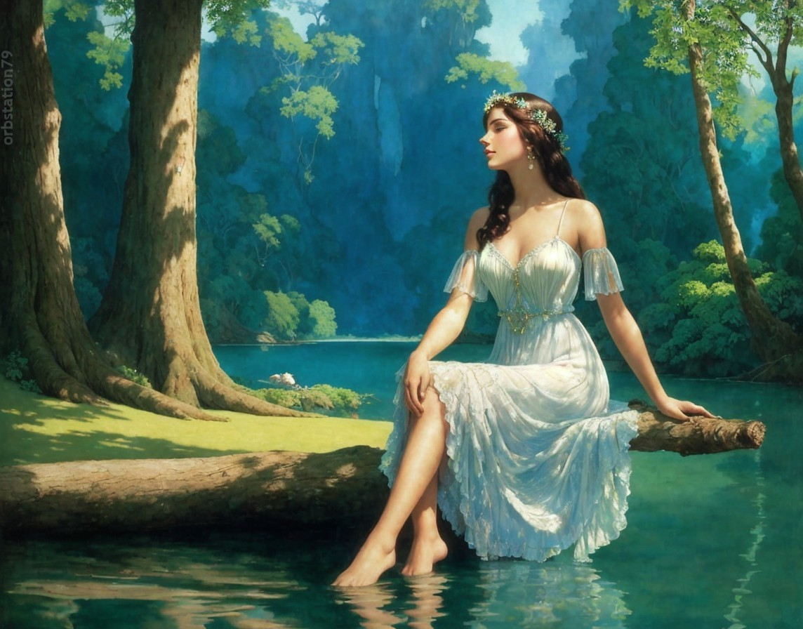 Serene Painting of Woman by Calm Lake in White Dress