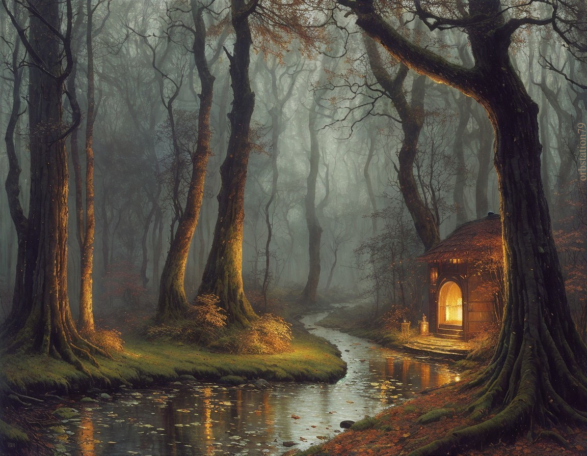 Misty Forest Scene with Twisted Trees and Cottage