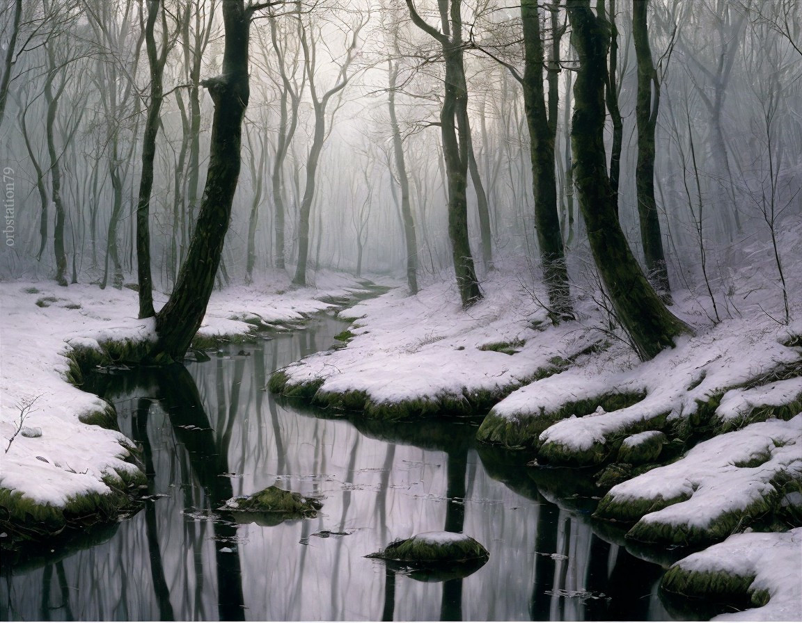 Serene winter forest with mist and tranquil stream