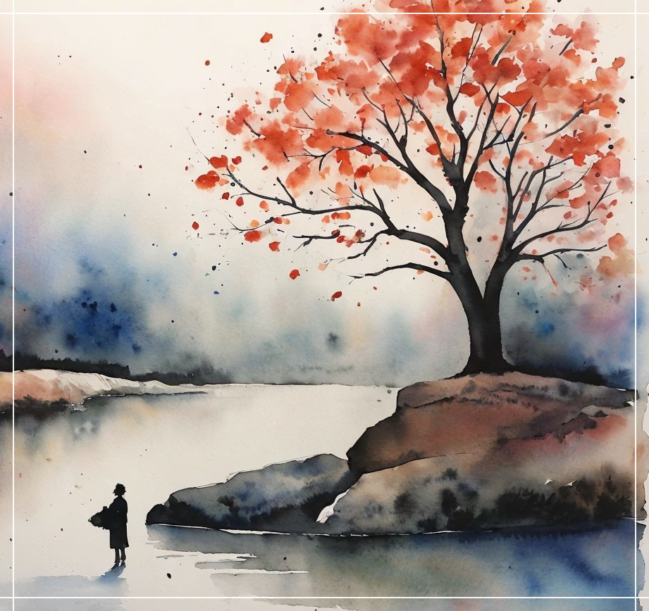 Solitary Figure by Lake: Watercolor Painting of Autumn Scene