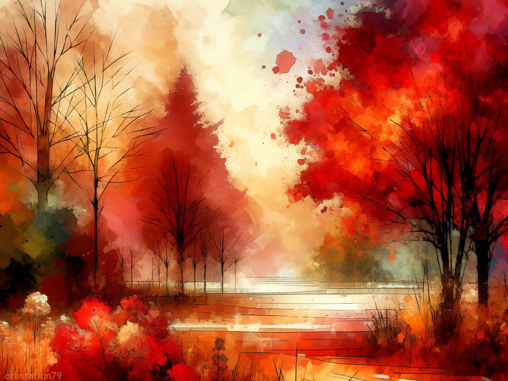 Scenic autumn landscape with red and orange trees and a serene pathway