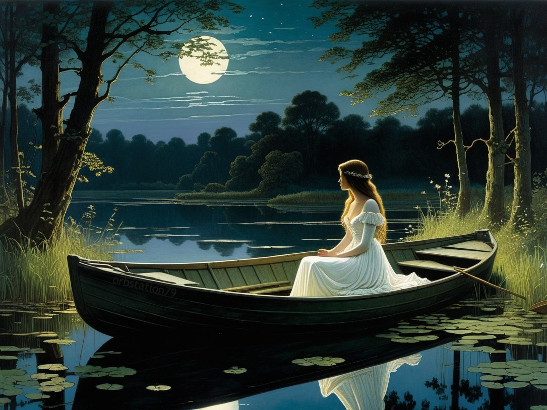 Moonlit Scene of a Woman in a Boat on a Lake