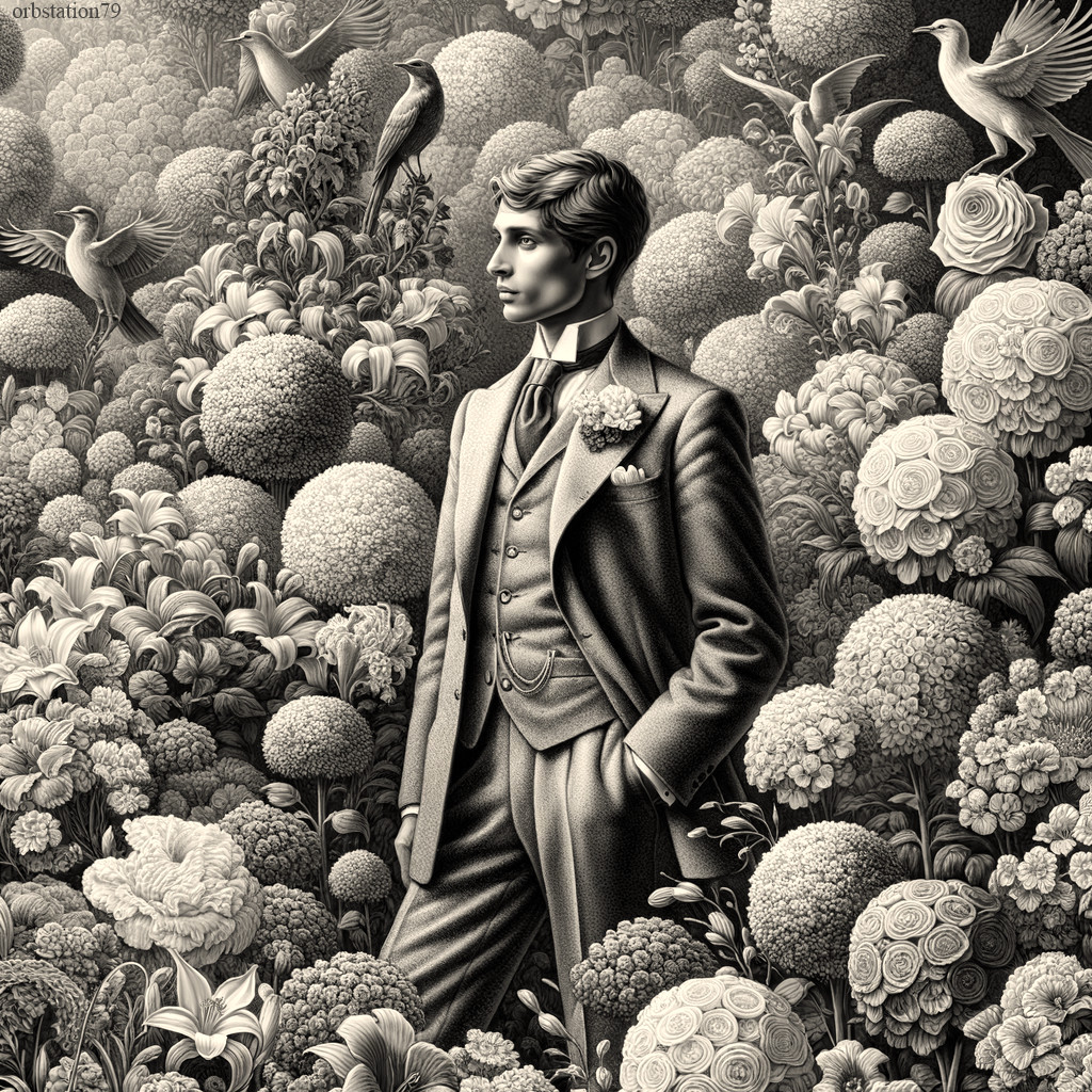 Monochrome vintage man illustration with intricate bird and floral pattern