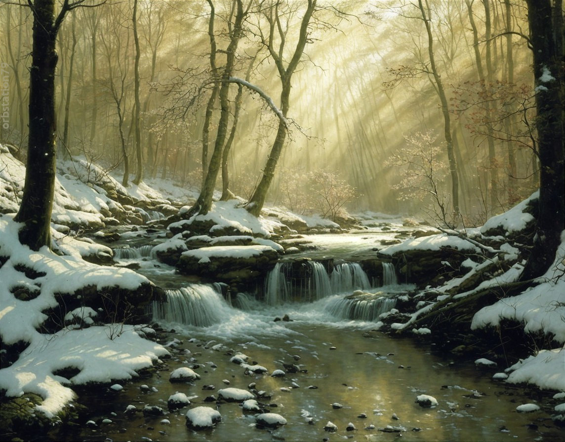 Tranquil Winter Forest with Streams and Blossoms