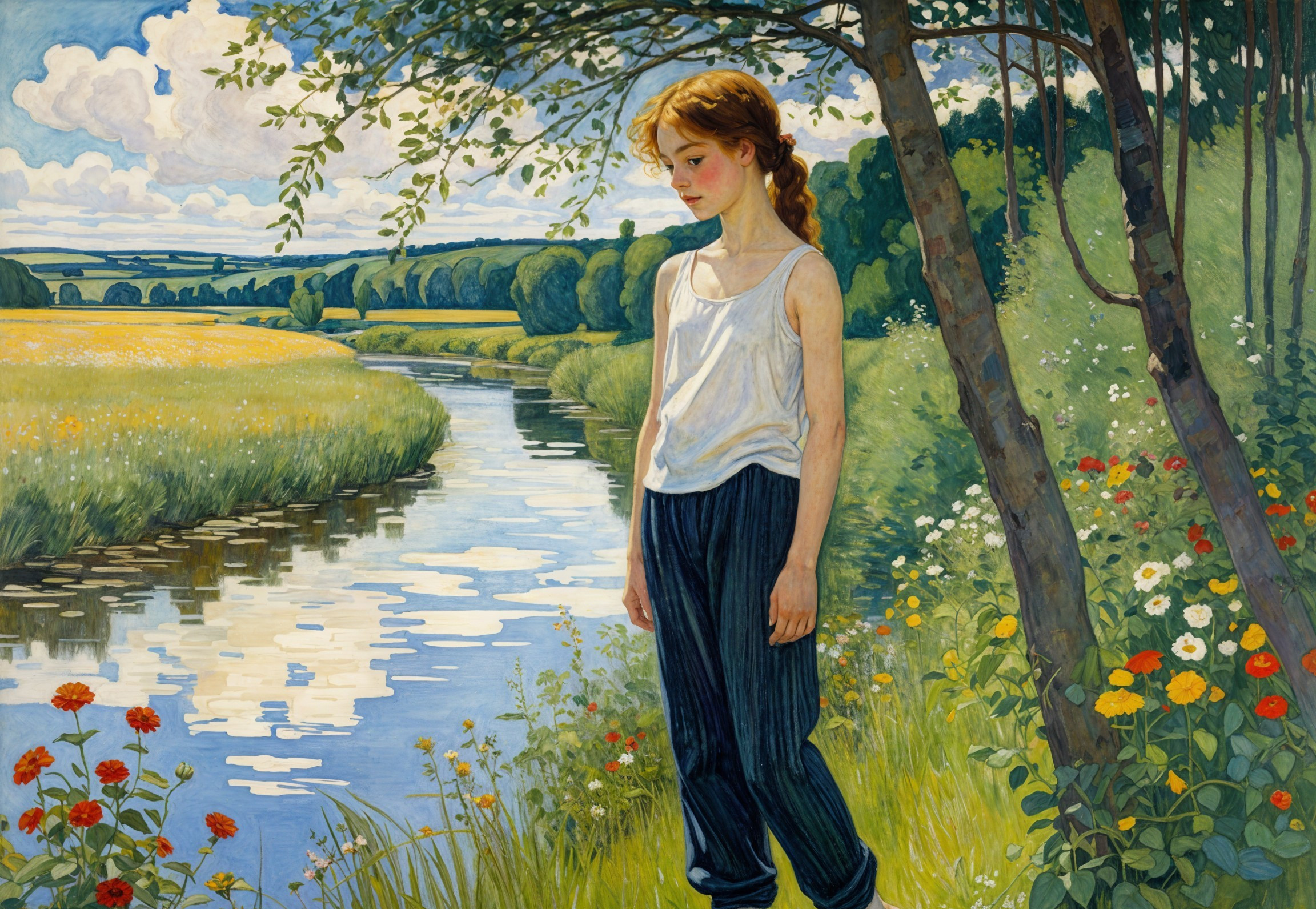 Serene Countryside Scene with Young Girl by River