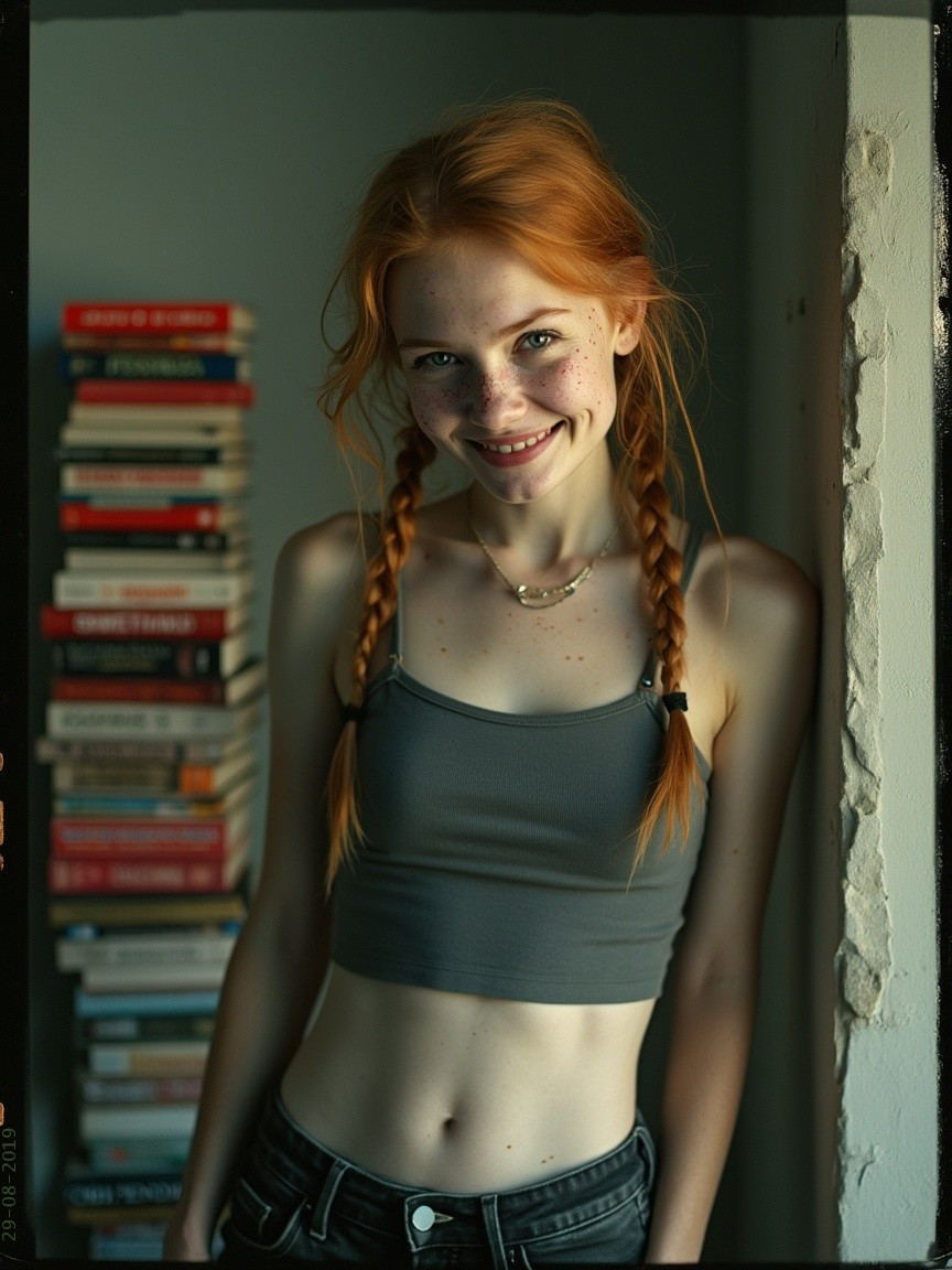 Young person with red hair and freckles in cozy setting