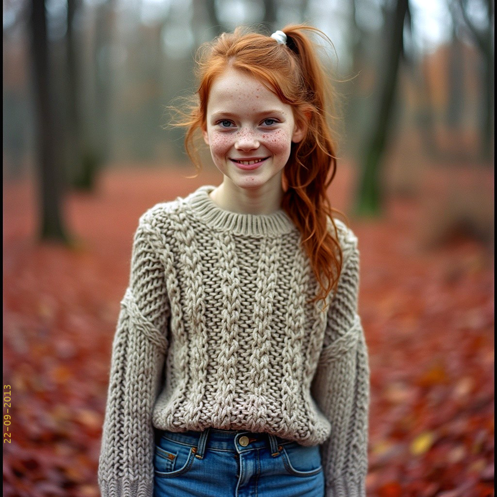 Young girl with red hair in autumn forest setting