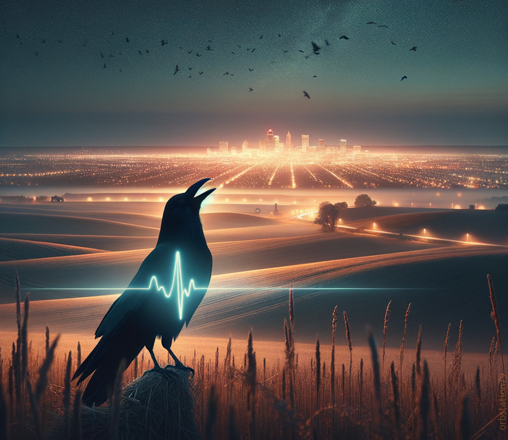 Glowing heart pulse crow overlooking nighttime cityscape