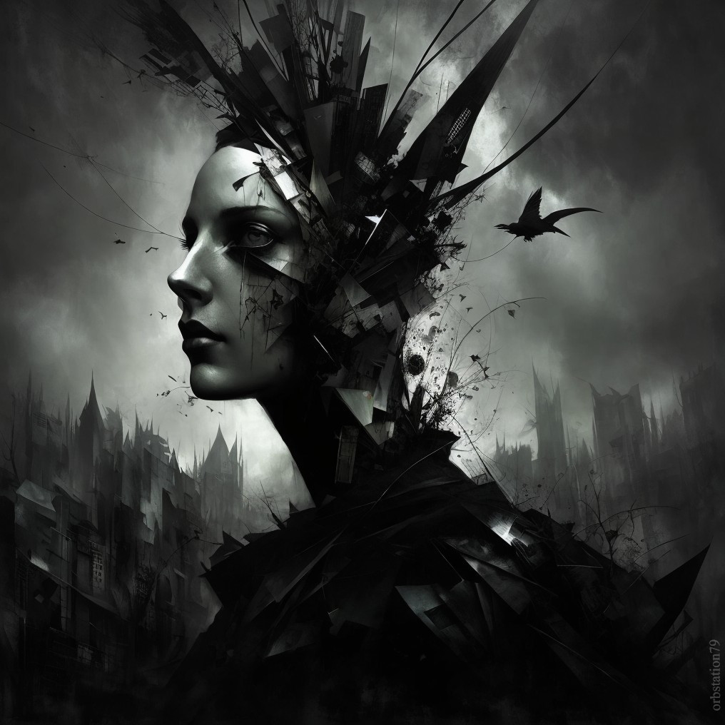 Monochrome human-like figure with abstract hair and gothic background.