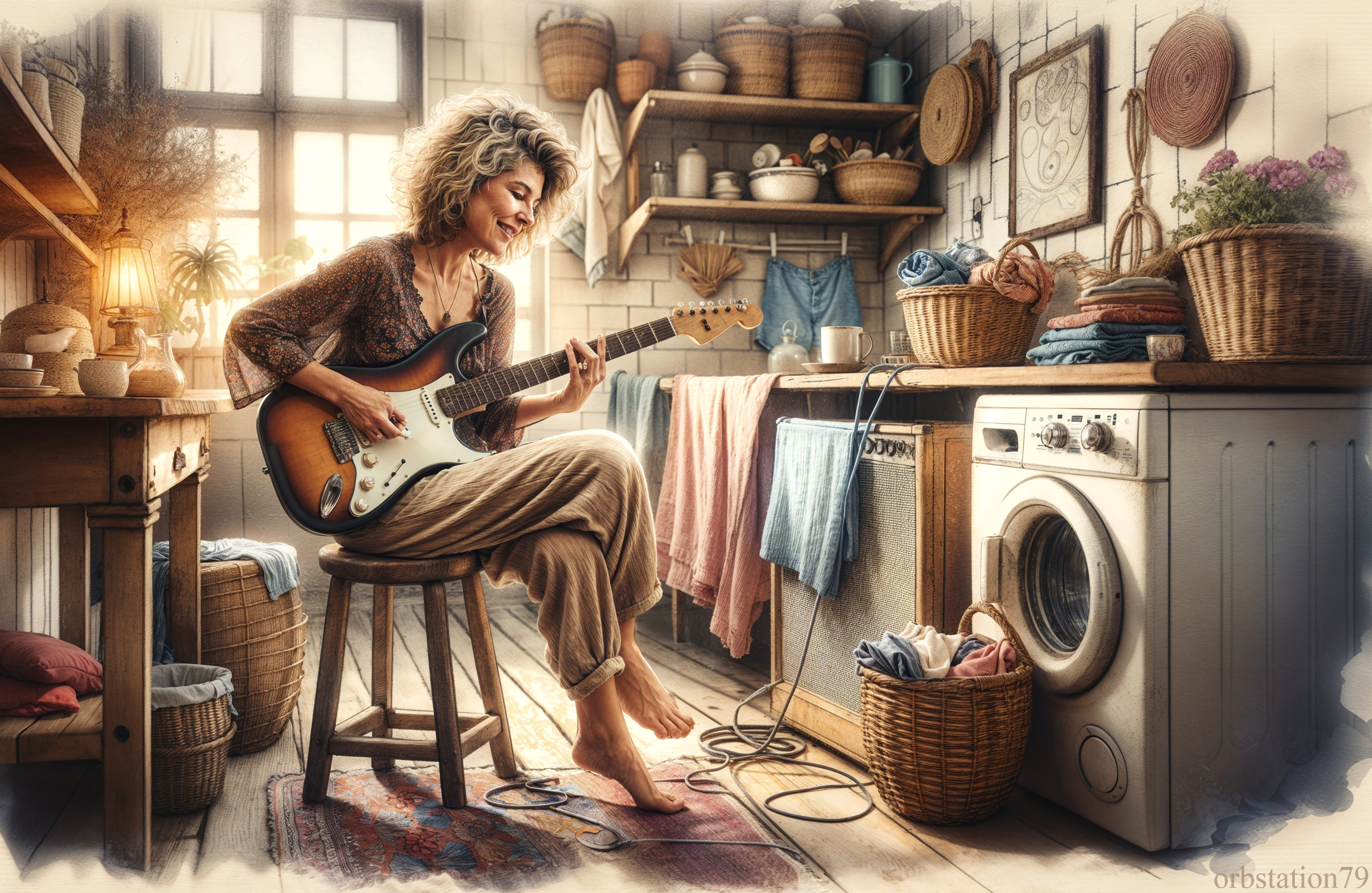 Cozy Laundry Room with Woman Playing Electric Guitar