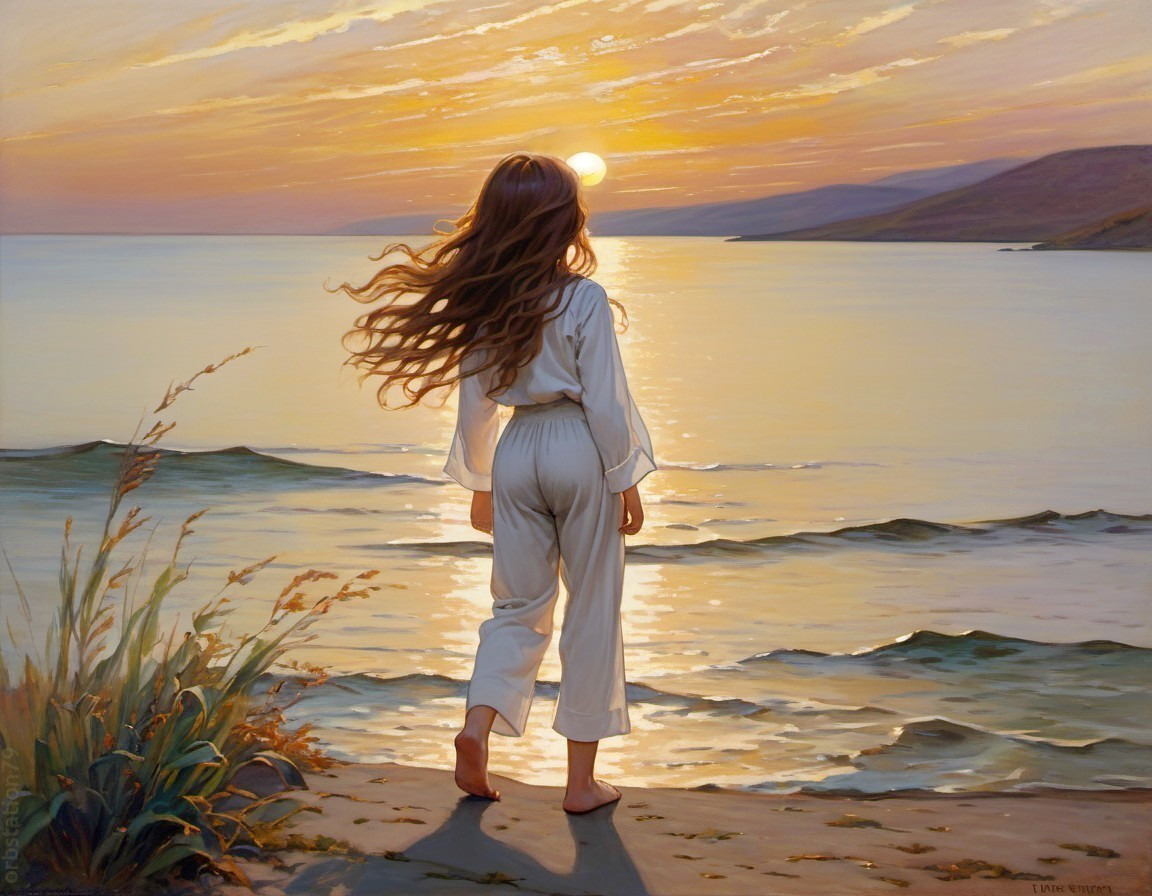 Young girl by serene shore at sunrise with waves