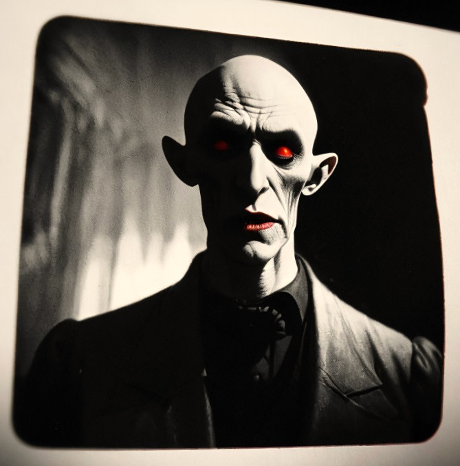 Sinister bald figure in dark suit with glowing red eyes