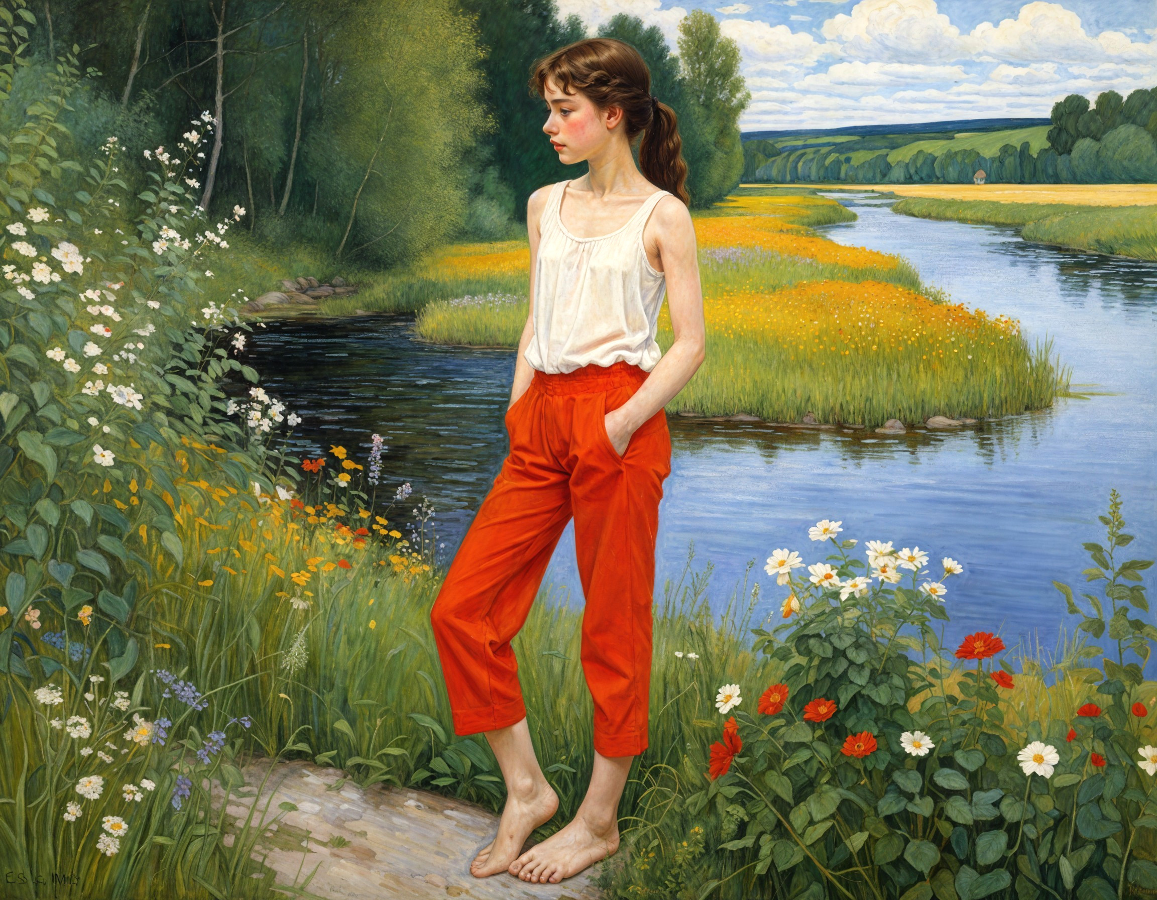 Young Woman by Tranquil River in Serene Landscape