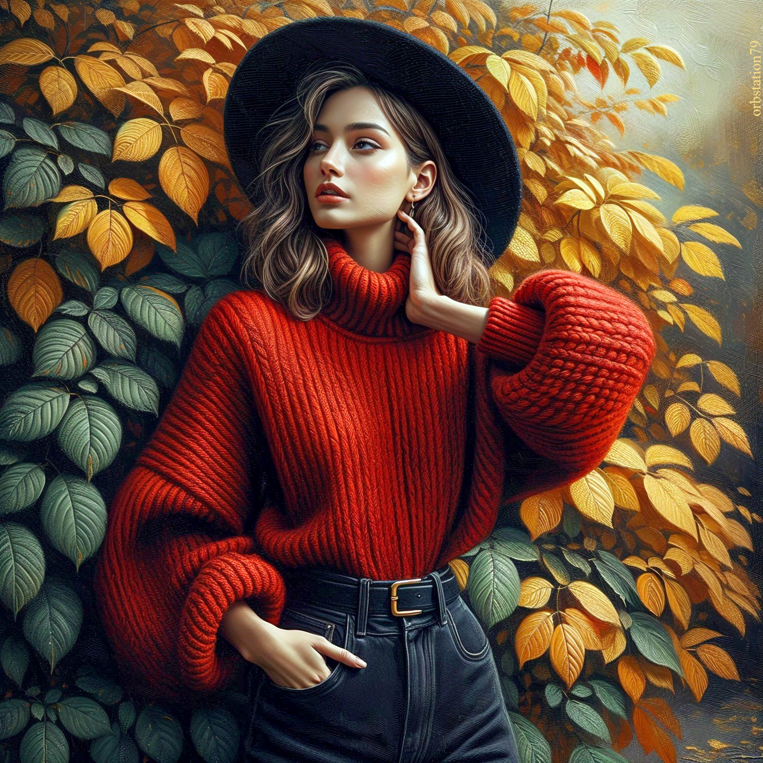Young Woman in Red Sweater Surrounded by Autumn Leaves