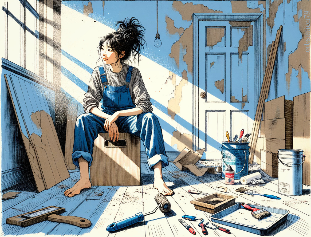 Young Woman in Overalls in Sunlit Renovation Space