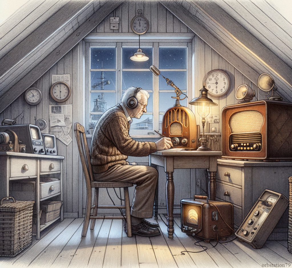 Elderly Man Using Vintage Radio Equipment in Attic