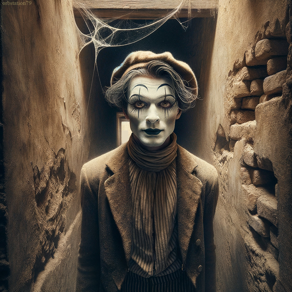 Haunting Figure in Vintage Attire in Dim Corridor