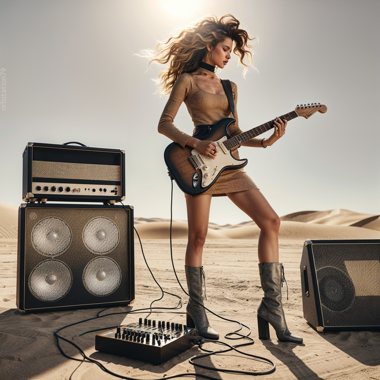 Musician in Desert Playing Electric Guitar with Amplifiers