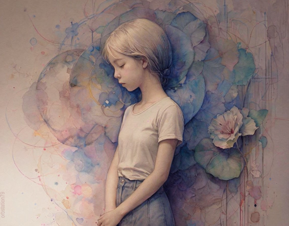 Serene Young Girl in Watercolor with Ethereal Elements